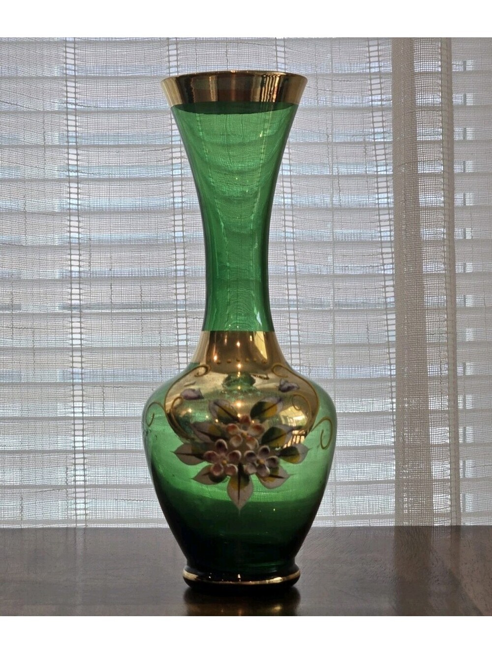 VTG MCM Venetian Glass Vase Green Gold Gilt Hand Painted Flowers Bud Vase